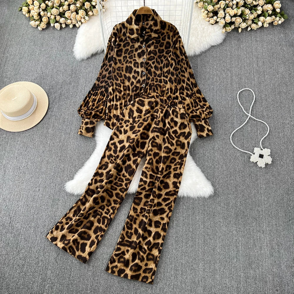 Autumn Elegant Women 2 Pieces Set Leopard Print Long Sleeve Shirts Casual Loose Pantalon Outfits New Fashion Vintage Sweatsuit - Seprincess