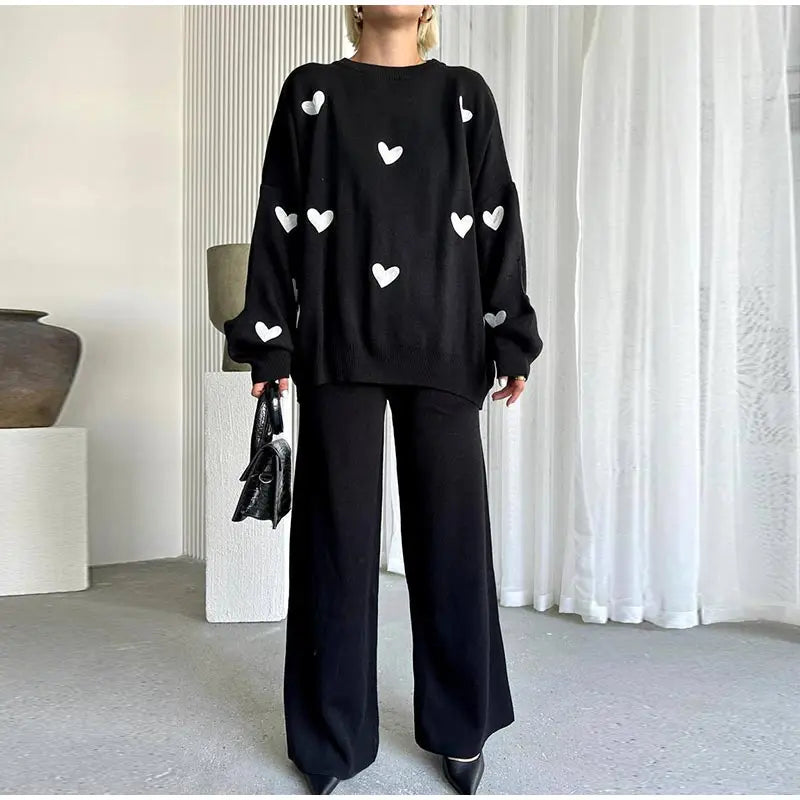 Casual Knitted Sweater Long Pants Woman's Set Loose Love Printed Pullover Sweaters High Waist Pant Sets Female Chic Outfits - Seprincess