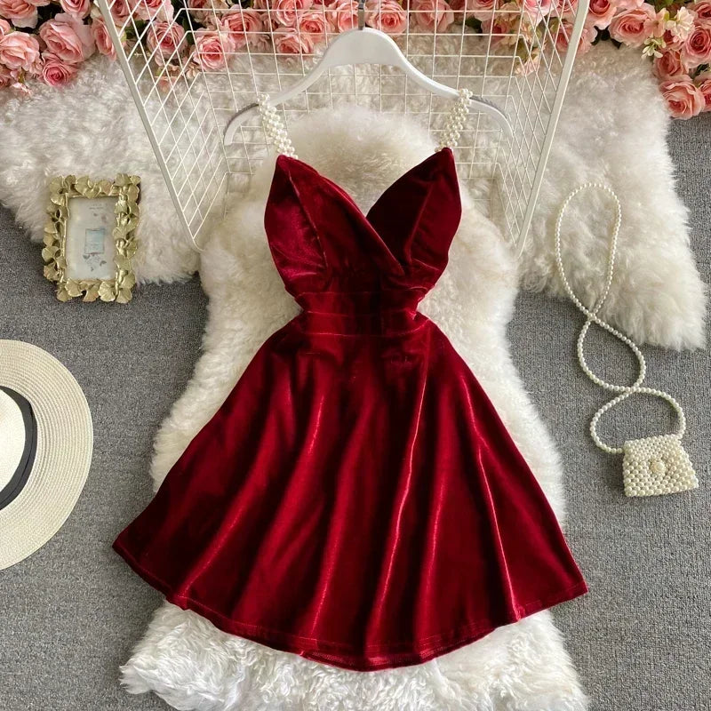 Women's Mini Party Dress French Retro Black Red Sling Velvet Dress New Waist Female Sexy Short Dresses HH193 - Seprincess