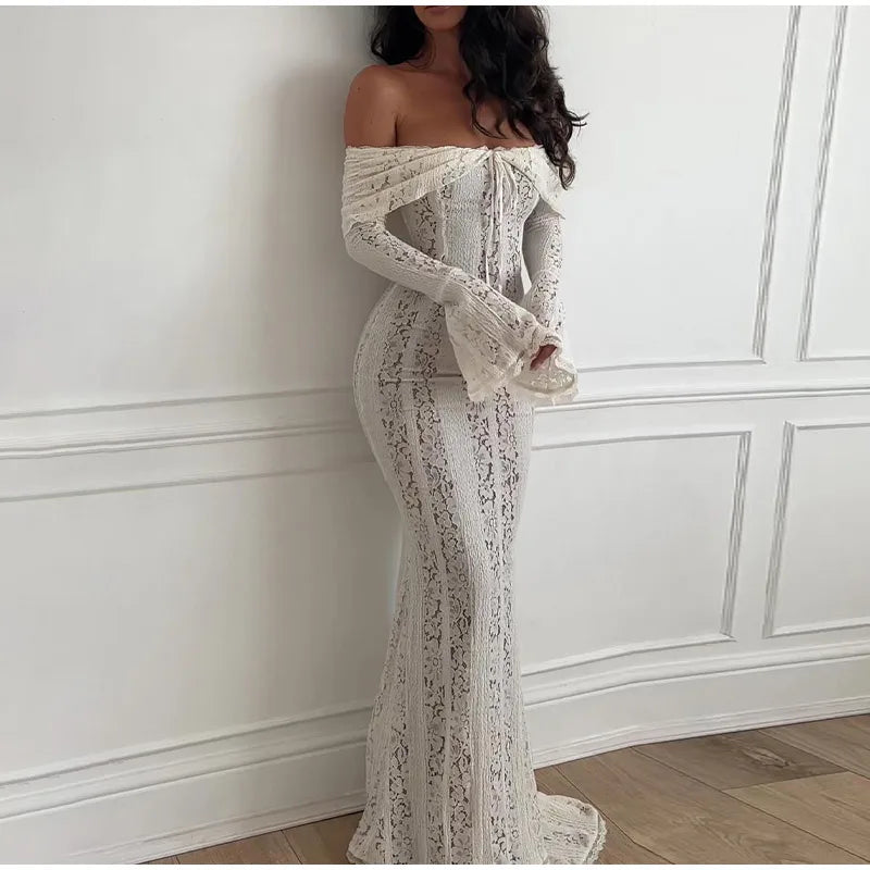 Vintage Cream Floral Lace Off Shoulder Maxi Dress Fashion Flare Long Sleeve Hollow Out Slim Dresses 2024 Elegant Lady Party Robe - Seprincess