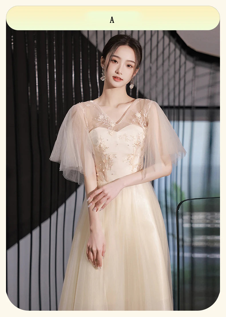 Champagne Bridesmaid Dress Women's Sweet Tulle Embroidery New Temperament Sisters Evening Dresses A-Line Wedding Party Gown - Seprincess