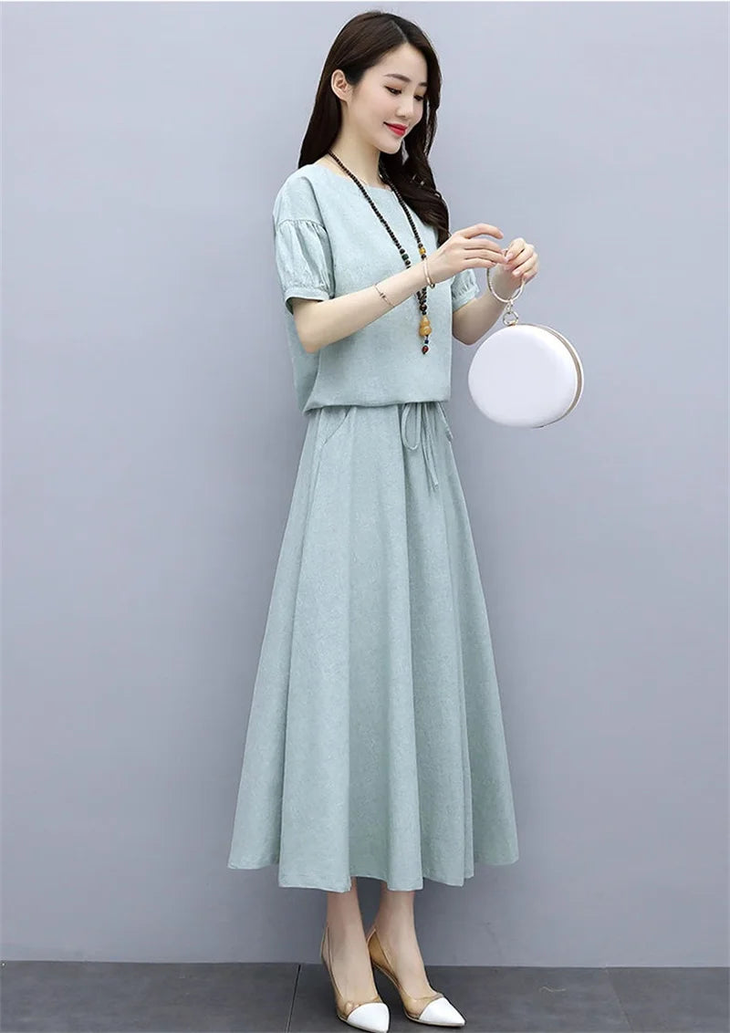 Cotton Linen Skirt Two-Piece Women's Summer 2024 New Set Slim Skirts Sleeve Suit Skirts Fashion 2PCS Temperament Female Outfit - Seprincess