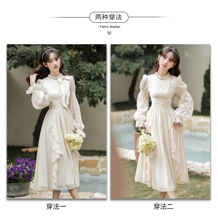 Autumn Chiffon Midi Dresses for Women O-neck Bow Flare Sleeve High Waist Ruffles A-line Princess Party Dress Vestidos Mujer New - Seprincess