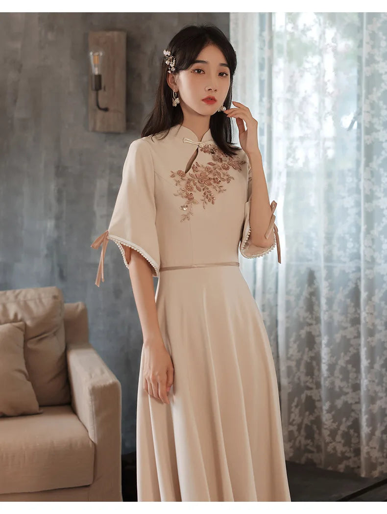 Slim A-line Mandarin Collar Qipao Female Chinese Styles Bridesmaid Dress Appliques Flower Pearl Cheongsam Party Prom Gown - Seprincess