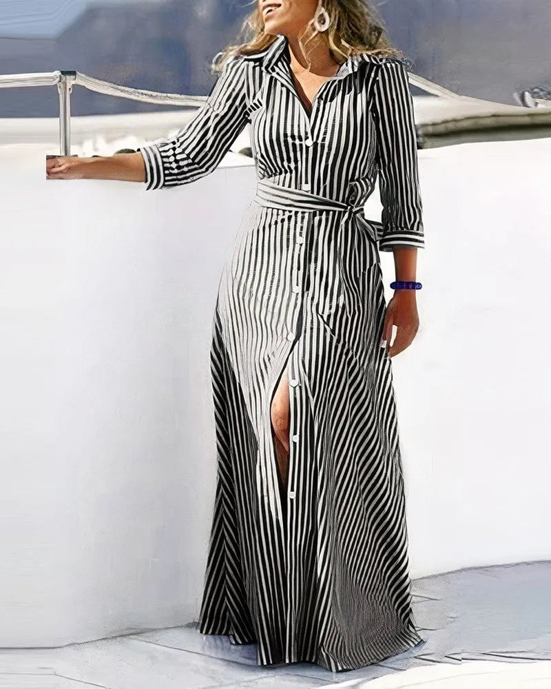 2024 Spring New Fashion Long Sleeved Print Lace-Up Shirt Dress For Women Turn Down Collar Single Breasted Maxi Dress Femme Robe - Seprincess