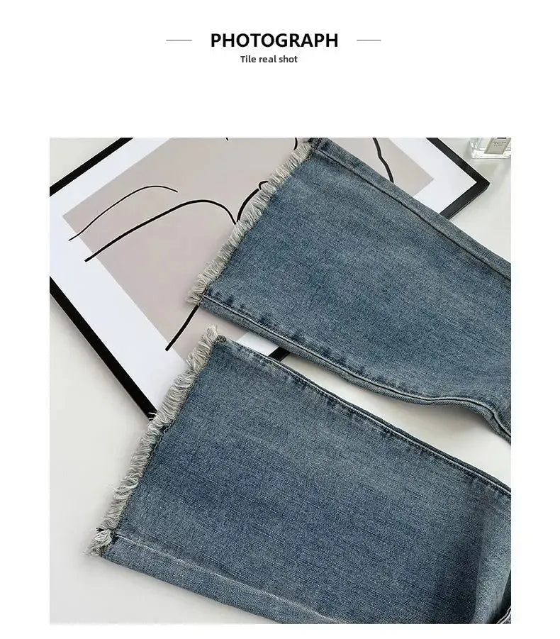 Summer New Fringe Jeans Women's Student High-waisted Elastic Slimming Bootcut Pants Vintage Thin Bell-bottom Pantsins