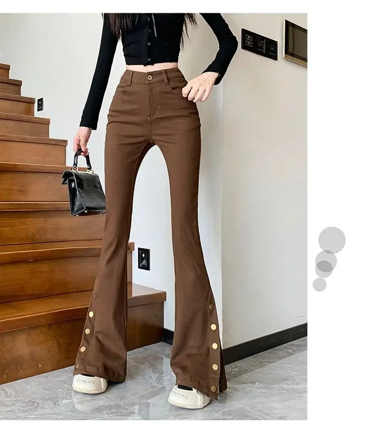 Micro-boot jeans brown buttoned design women's autumn and winter new high-waisted slim straight-leg floor mopping pants