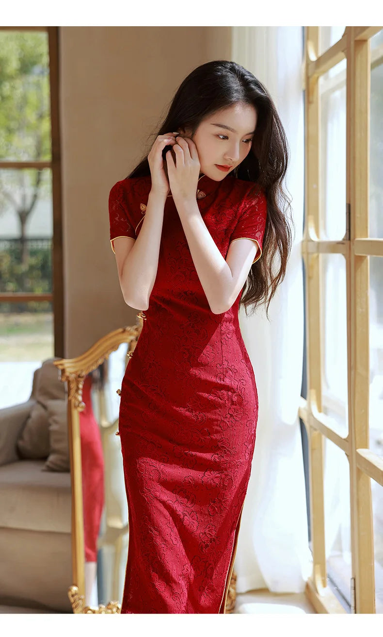 Wine Red Wedding Cheongsam Short Sleeve Vintage Improved Women Summer Lace Dress Slim-fit Elegant Qipao S To XXL Evening Dress - Seprincess