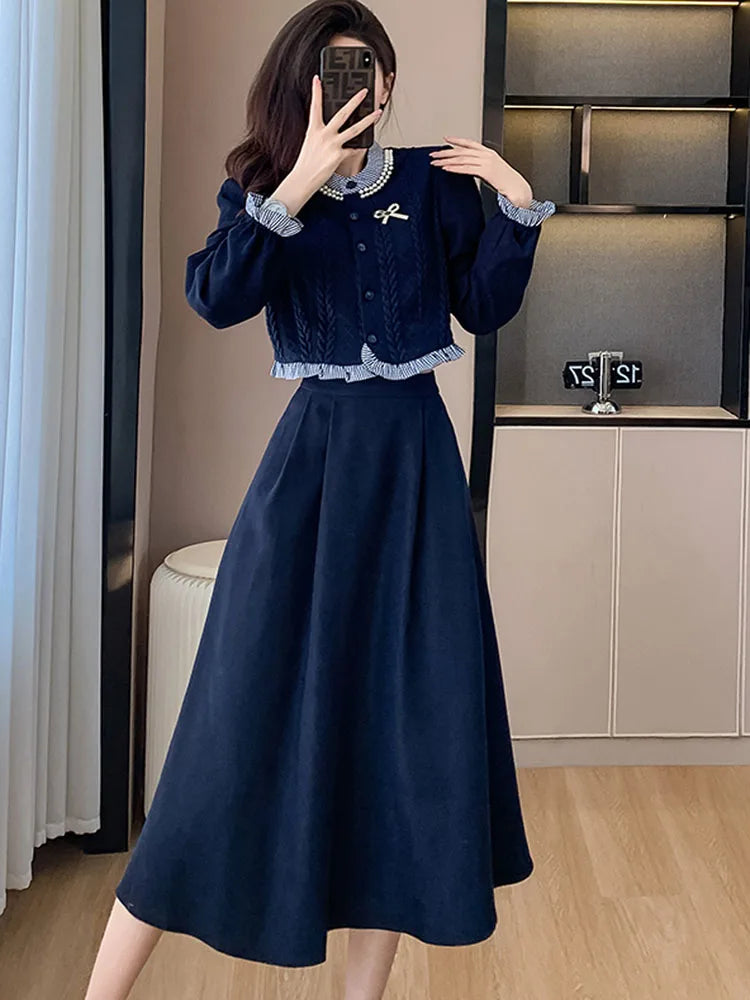 2023 Autumn Fashion Two Pieces Set Korean Women Vintage Ruffles Knitted splicing Shirt Top + A-Line Midi Skirts Elegant Outfits - Seprincess