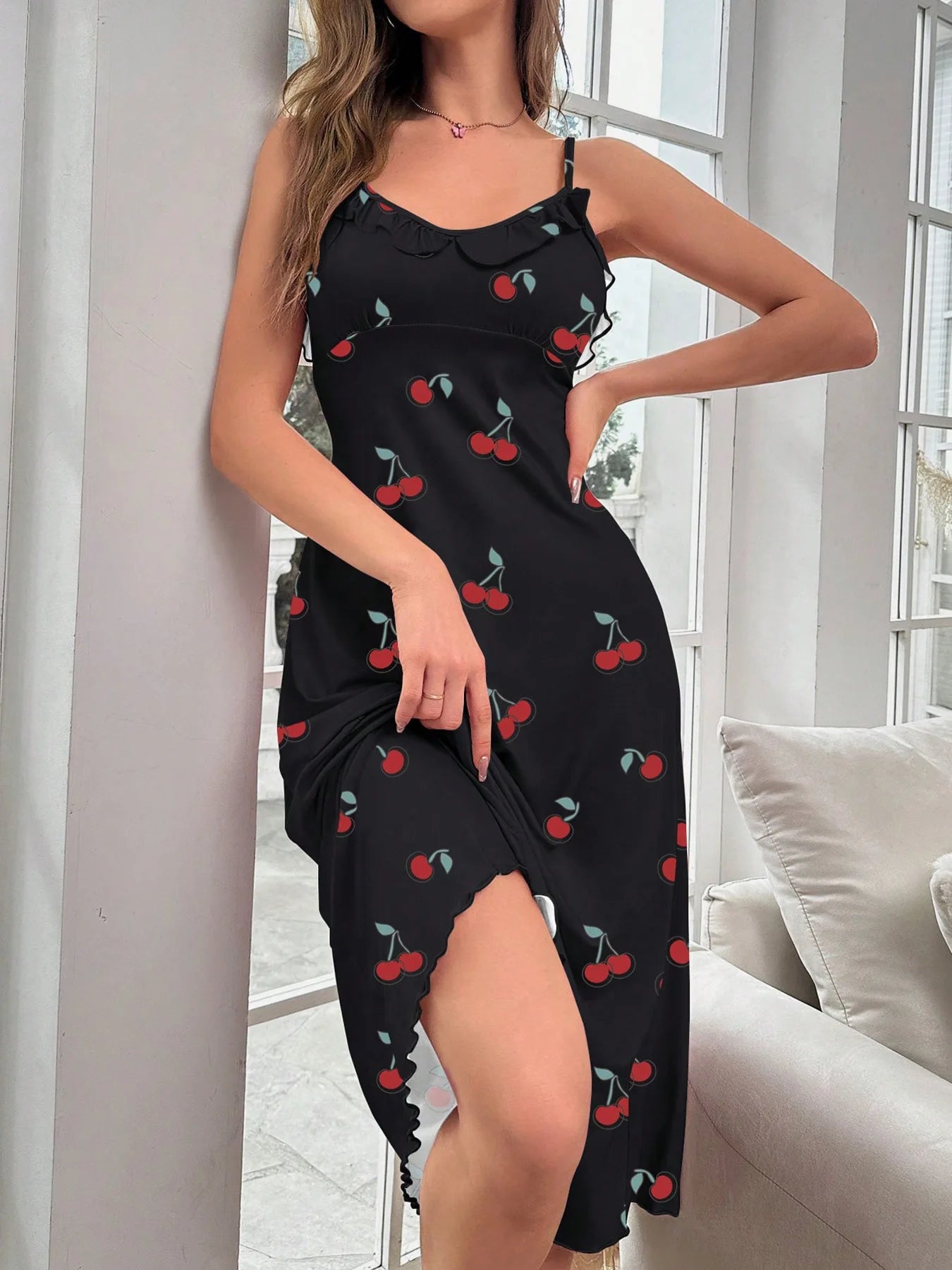 Cross-border foreign trade cherry print medium and long dress, nightdress, sexy and comfortable loungewear women - Seprincess