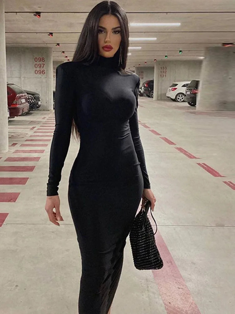 Women 2024 Spring Autumn Fashion Long Sleeve Streetwear Bodycon Black Midi Dress Wholesale Items For Business - Seprincess