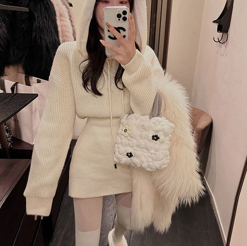 MEXZT Streetwear Knitted Mini Dress Women Hooded Sweater A Line Dresses Winter Korean Solid High Waist Slim Casual Vestidos New - Seprincess