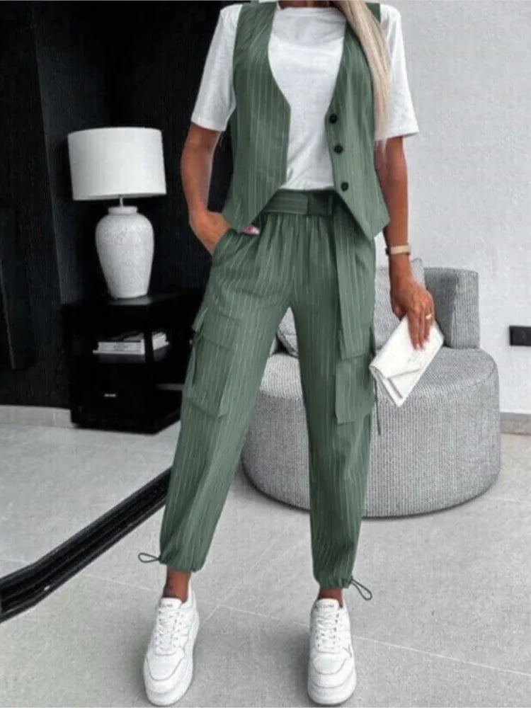 White Striped Vest Suit For Women Summer Casual V-neck Button Top Pocket Loose Pants Outfits Two-piece Suit For Women Elegant - Seprincess