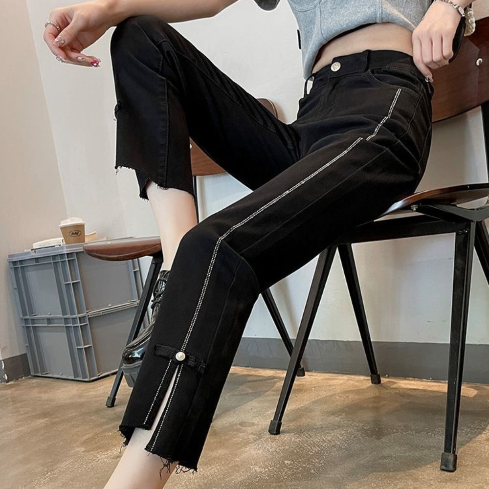 Pearl with Decorations Trousers Blue Cropped Straight Leg Women's Jeans Black and Capris High Waist Shot Short Japanese Y2k A R