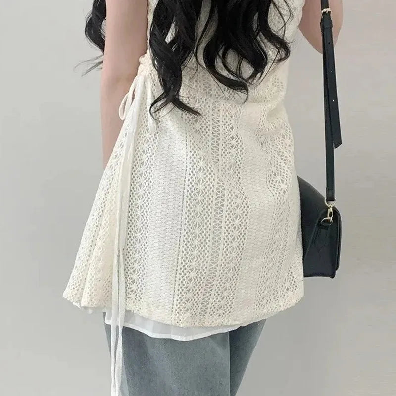 Summer Dress Women Chic French Lace Stitching Sling Shirt Stacked Gauze Knitted Dress Overskirt Inner Wear Base Short Dress - Seprincess