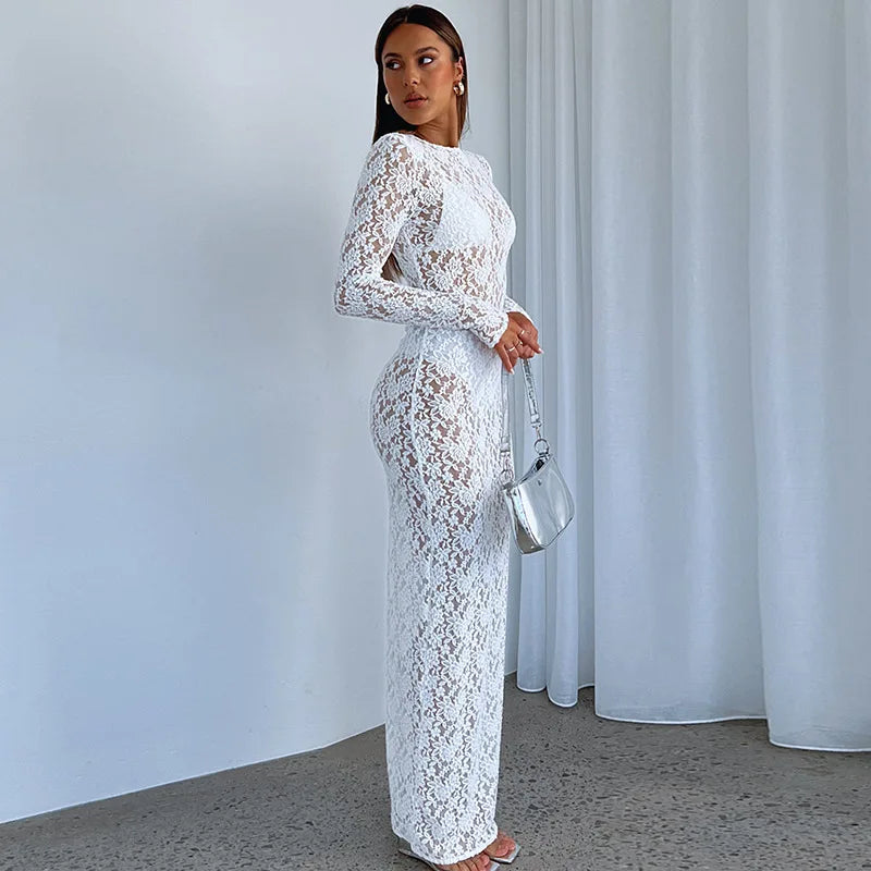 Europe and the United States women's spring and summer new solid color lace see-through long-sleeved mid-length dresses sub - Seprincess