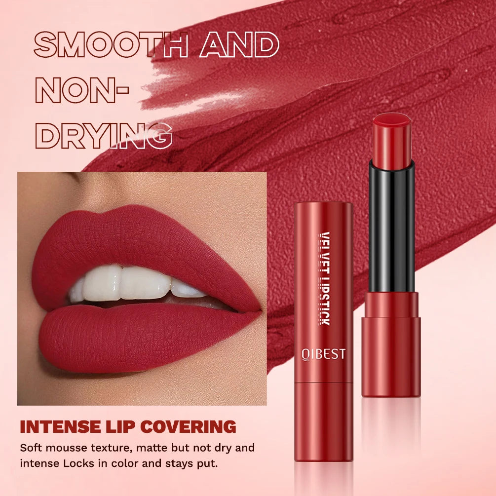 QIBEST Nude Lipstick Matte Lip Gloss High Pigment Makeup Classic Sexy Lipgloss Non-Stick Cup Long Lasting Red Lip Tint Cosmetics - Seprincess