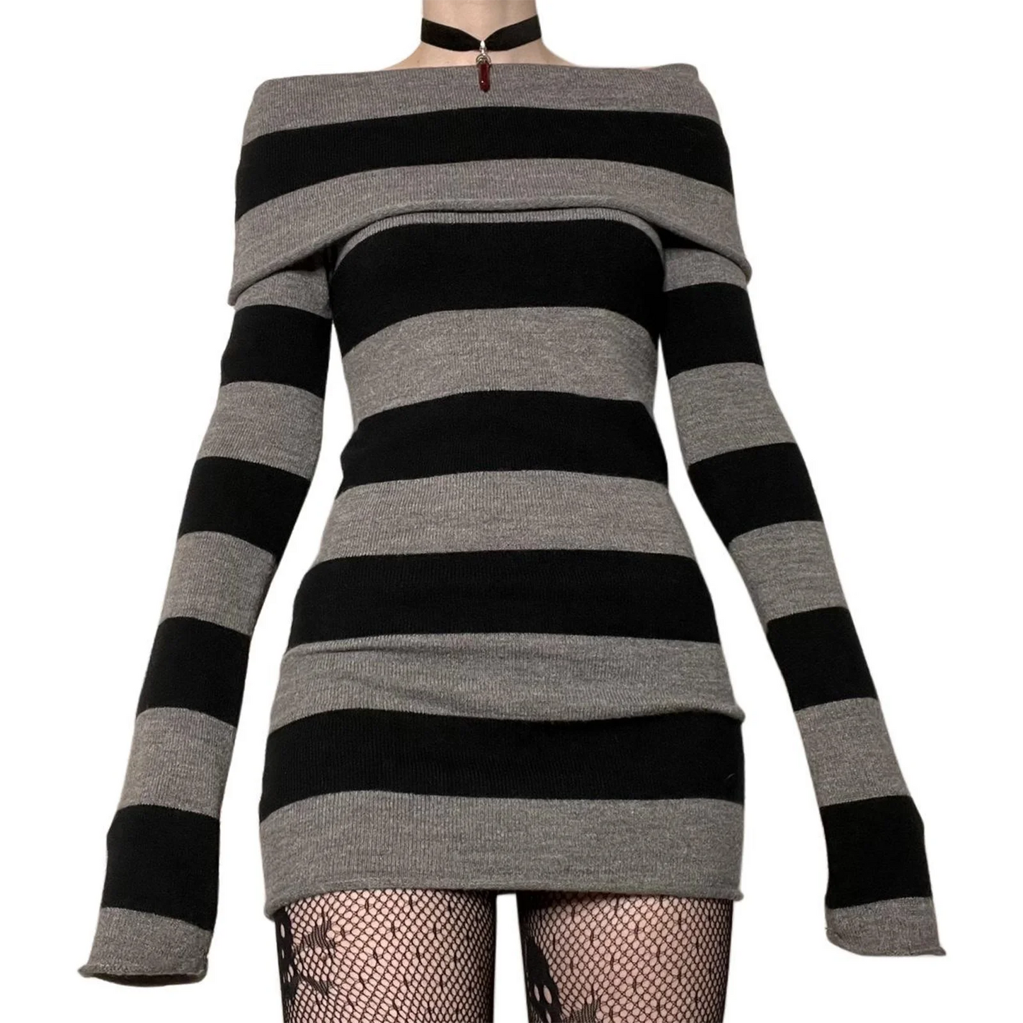 Women Y2K Knit Mini Dress Striped Long Sleeve Off Shoulder Bodycon Short Sweater Dress Trendy Night Club Streetwear - Seprincess