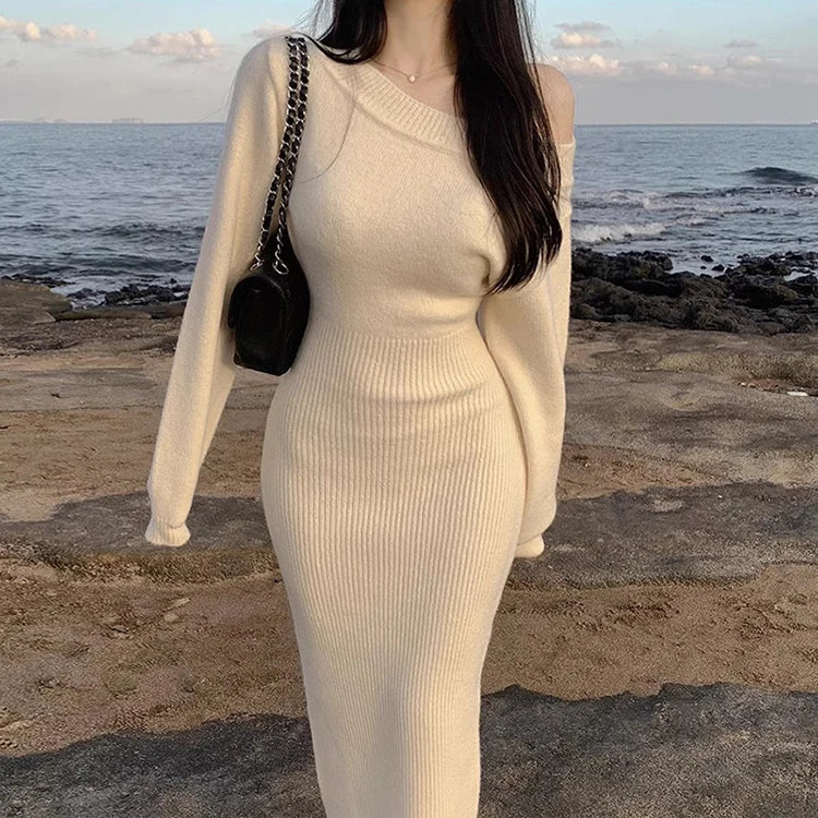 Autumn Winter Vintage Korean Long Sleeve Knitted Sweater Dresses Woman Zipper Lapel Elegant Warm Midi Bodycon Dresses Robe - Seprincess