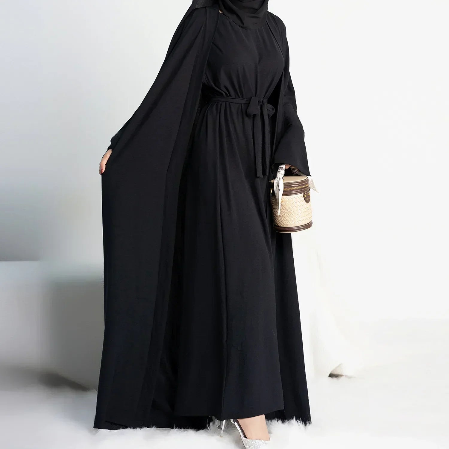 2 Piece Abaya Slip Sleeveless Hijab Dress Matching Muslim Sets Plain Open Abayas for Women Dubai Turkey African Islamic Clothing - Seprincess