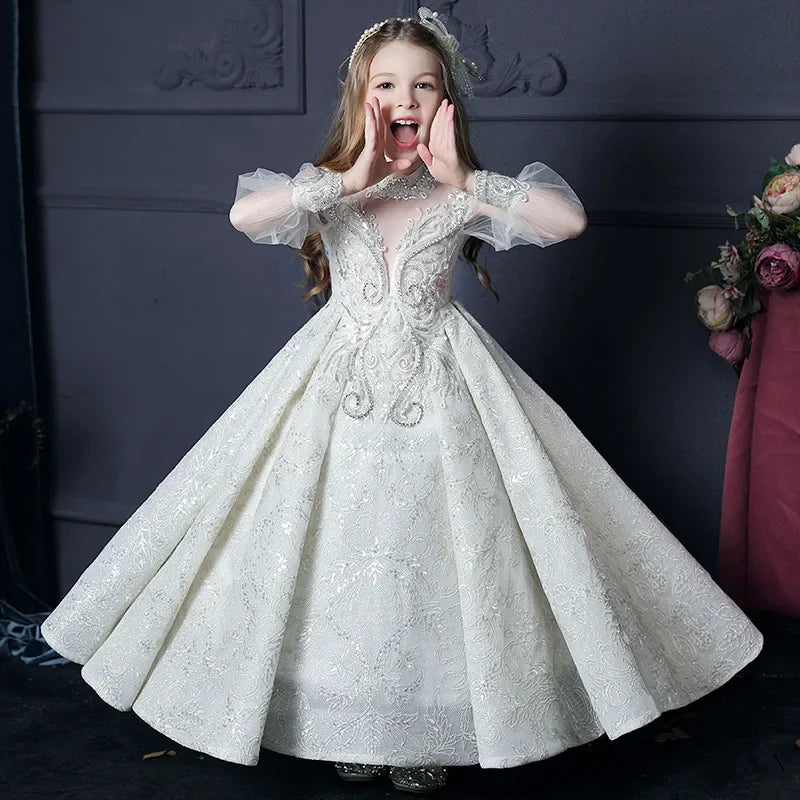 Girls First Communion Dress Flower Girl Wedding Sequins Dresses for Kids Piano Performance Vestidos Children Pageant Ball Gown - Seprincess