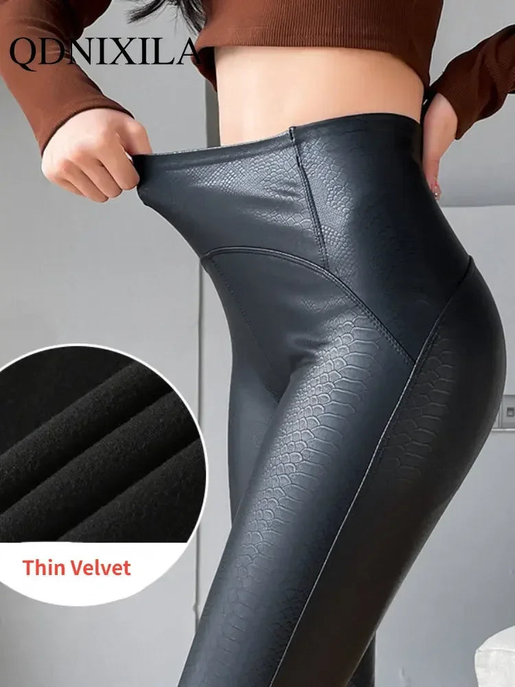 Autumn Winter Black High Waist Tights Stretch Soft Thin Fleece Leggings for Women Pants Sexy Slimming Pu Leather Leggings Women