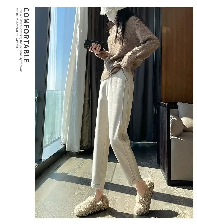 Winter Woolen Pants for Women Thicken Warm Ankle-Length Harem Pants Office Lady Khaki Elastic Waist Fashion Women's Trousers