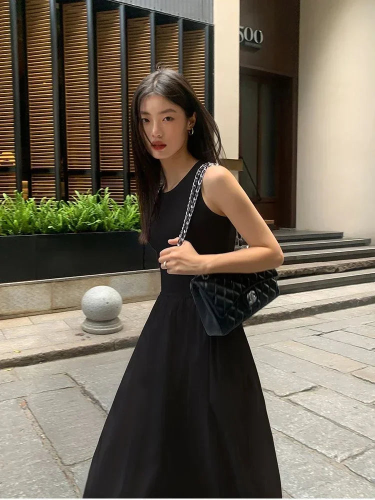 TKNOLEGE New Summer Casual Korean Sleeveless Dresses  Solid Color O-neck Women High Waist Temperament Female Long  Dress - Seprincess