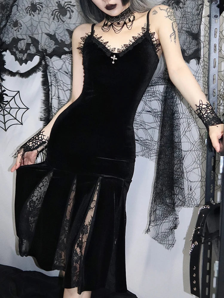 Sexy Spaghetti Strap Backless Velvet Woman Long Gothic Cross Dress Black Lace Patchwork Dress Style Maxi Harajuku Emo Partywear - Seprincess