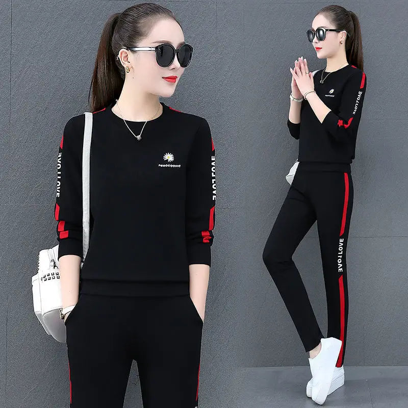 2022 Summer New Daisy Loose Pants Suit Women's Track Korean Version Splicing Long Sleeved Top and Trousers Two Piece Set - Seprincess