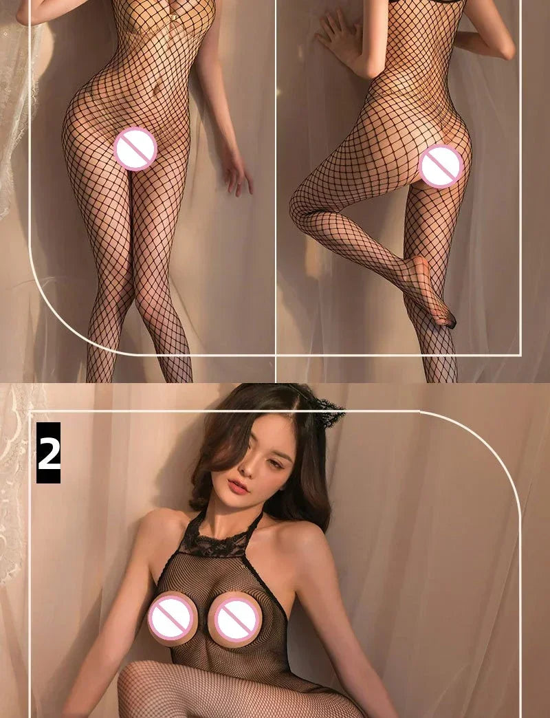 Sexy Lingerie Fishnet Bodysuit Hollow Out Erotic Teddies Open Crotch Mesh Body Stockings Porno Underwear Costumes for Women Lady - Seprincess