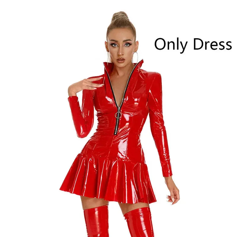 Women's Wet PVC Leather Tight Bodycon Mini Dress Latex Hollow Zipper Stand Up Collar A-Line Mini Pleated Skirt Latex Dresses - Seprincess