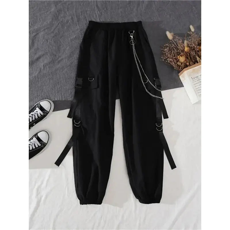 2PCS Women's Streetwear Outfits Loose Long Sleeve Shirt Ribbon Chain Cargo Pants 2 Piece Sets Korean Casual Unisex Couple Suit - Seprincess