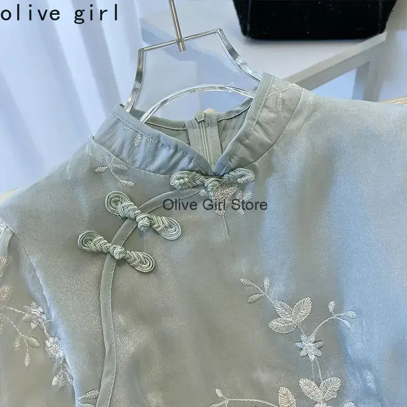 Embroidered flowers Chinese Elegant Dress for Women Vintage Female Slim Long Qipao Classic Cheongsam Fairy Clothing - Seprincess