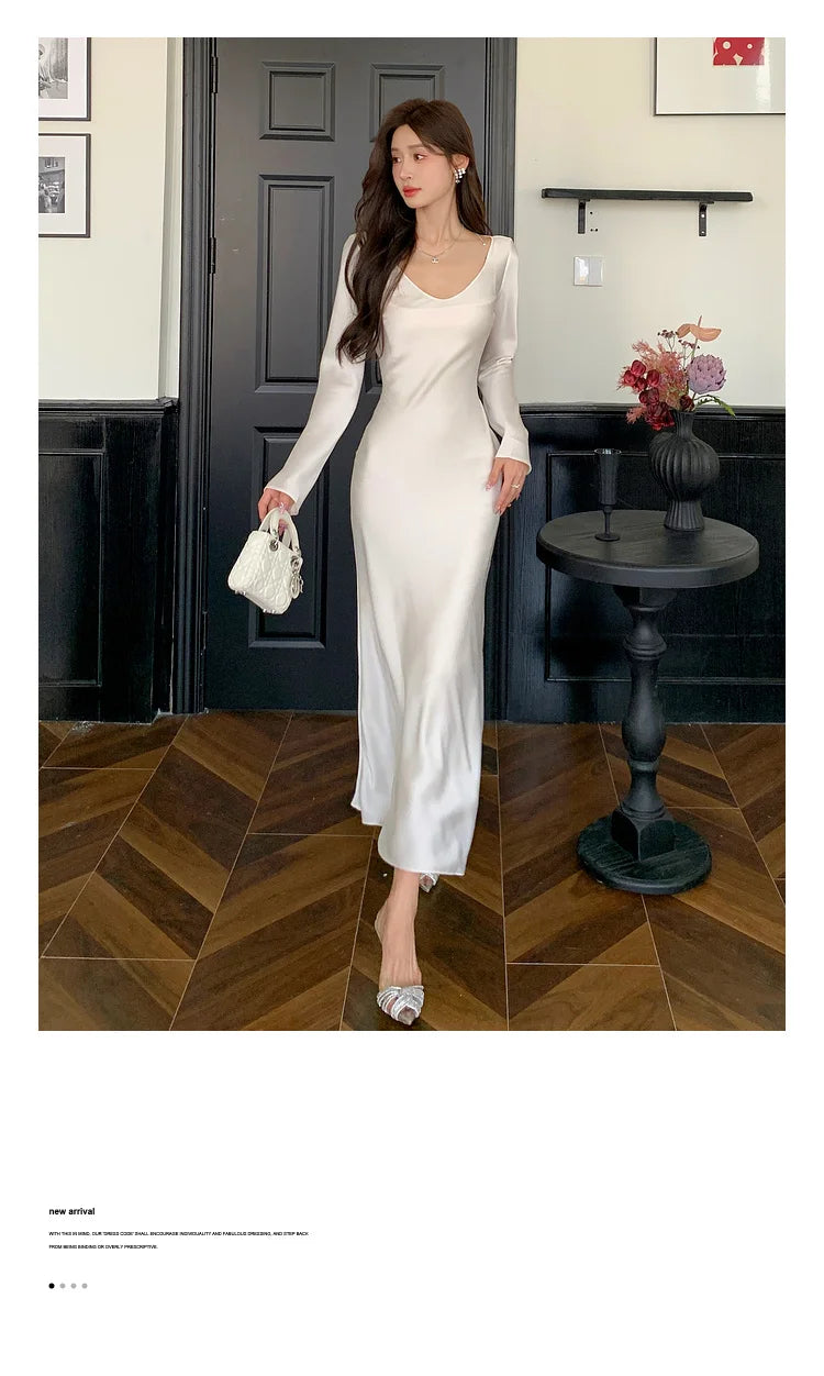 Autumn Solid Satin Long Dresses Women Wedding Evening Party Dress with Camisole Prom Robe V-Neck Long Sleeves Mermaid Vestidos - Seprincess