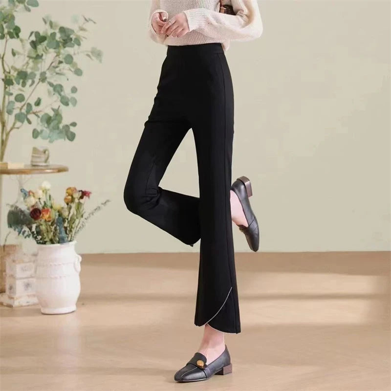 Women Korean Fashion Elegant Chic Flare Pants Autumn Winter Female Black High Waist Plush Thick Trousers Slim Pockets Pantalones