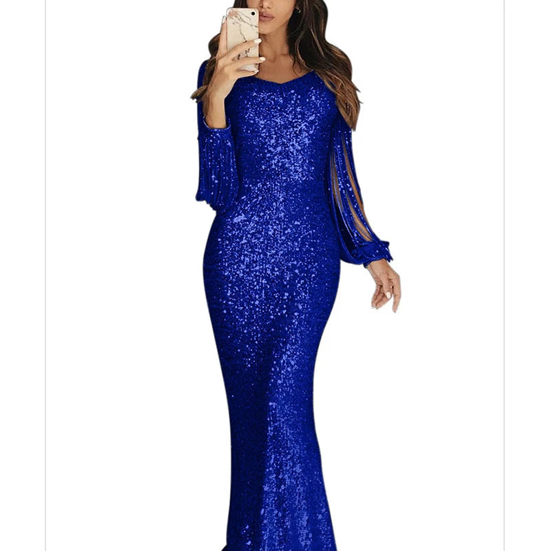 Spring 2022 Women Fashion Elegant Sequins Solid Color Maxi Wedding Evening Party Dress Female Long Tassel Sleeve Bodycon Dresses - Seprincess