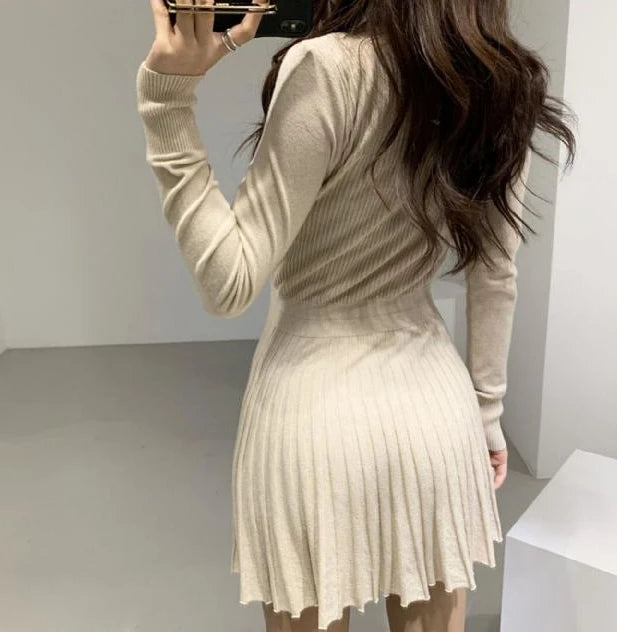 Fashion Korean Mini Dresses Female Autumn Winter 2024 Sexy Bodycon  Wrap White Short Women's Sweater Knitted One-piece Dress Hit - Seprincess