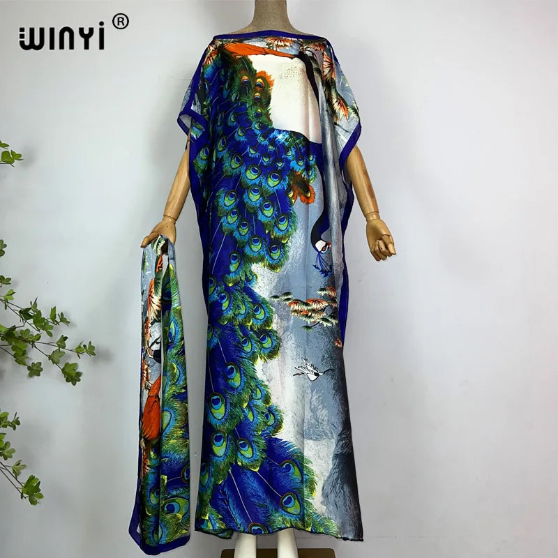 WINYI Africa summer kaftan with belt Women Classic peacock print Caftan Elegant Holiday summer Maxi silk Bohemian party dress - Seprincess