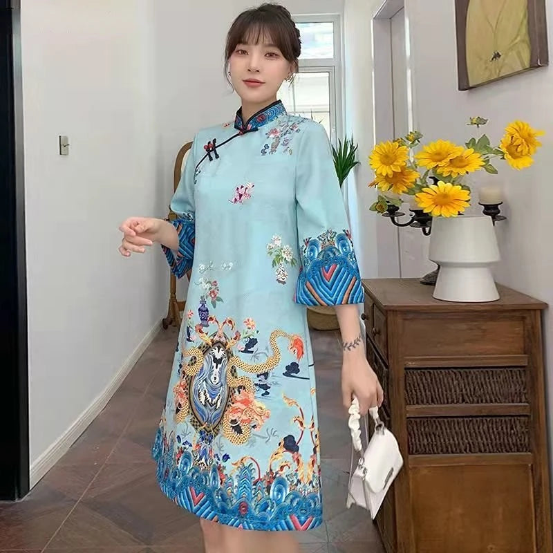 Red Blue Loose 2024 New Fashion Modern Chinese Cheongsam A-line Dress Women 3/4 Sleeve Qipao Traditional Chinese Clothes - Seprincess