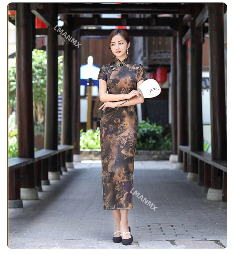 Summer Long Cheongsam Vintage Qipao Silk Fashion Daily Women Dress Slim Party Costume Dresses - Seprincess