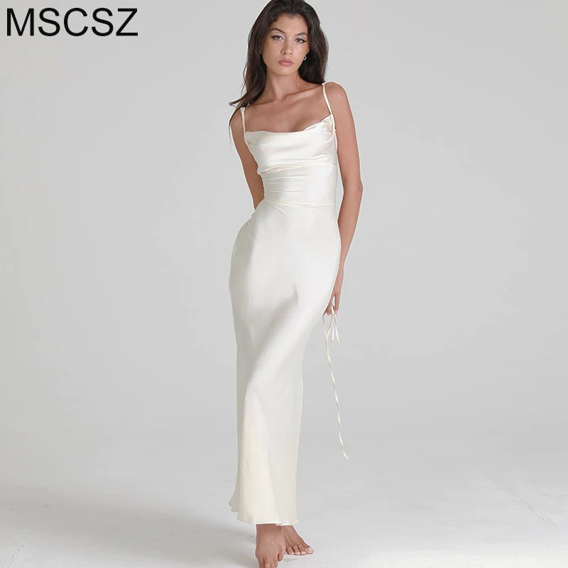 Elegant White Satin Long Dress For Women Bandage Bodycon Backless Maxi Dress Sexy Spaghetti Strap Mermaid Evening Party Dresses - Seprincess