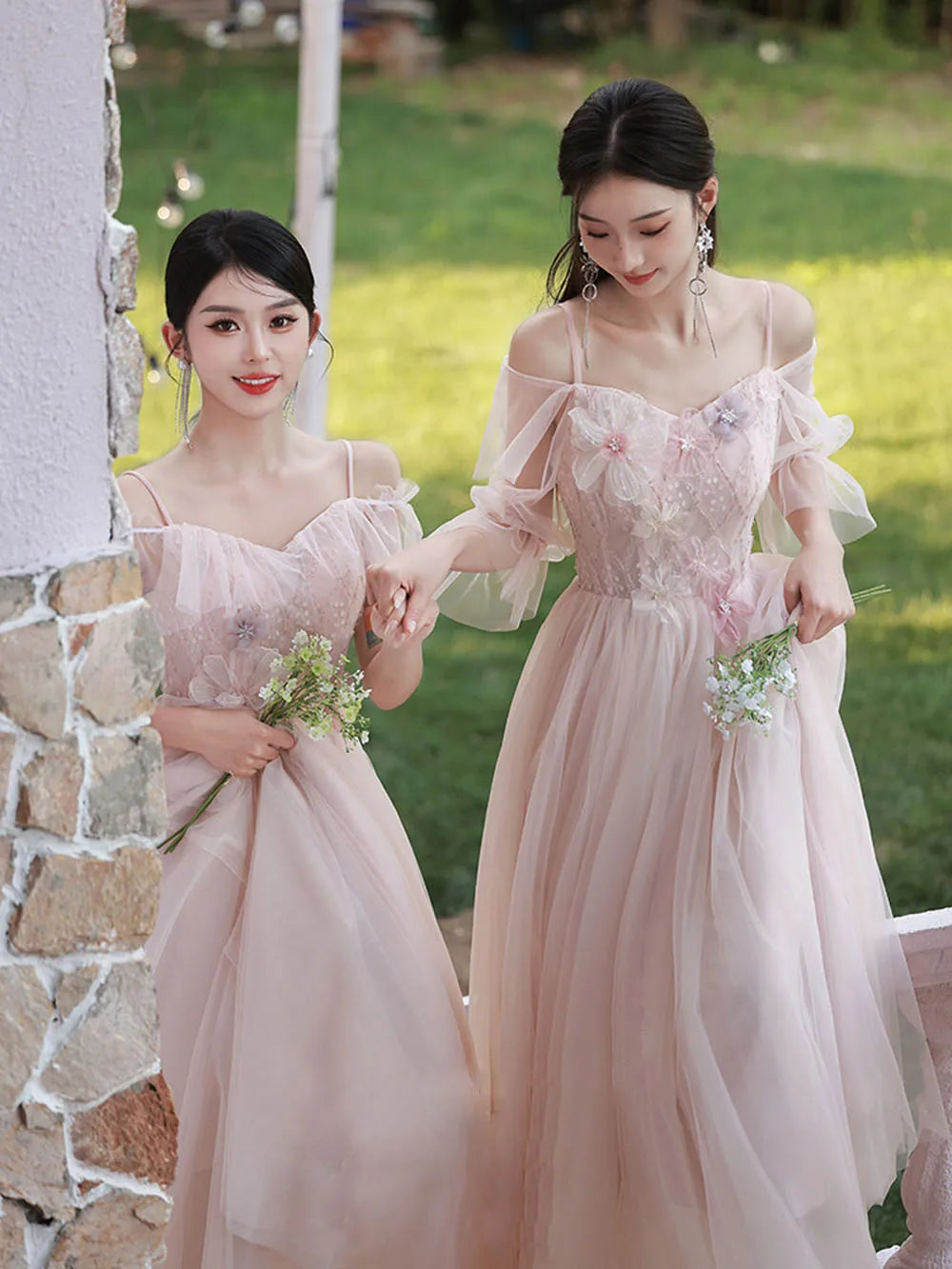 4 Styles Pink Bridesmaid Dress Women's Elegant Thin Tulle Off The Shoulder Flower Appliques A-line Wedding Party Guest Vestido - Seprincess