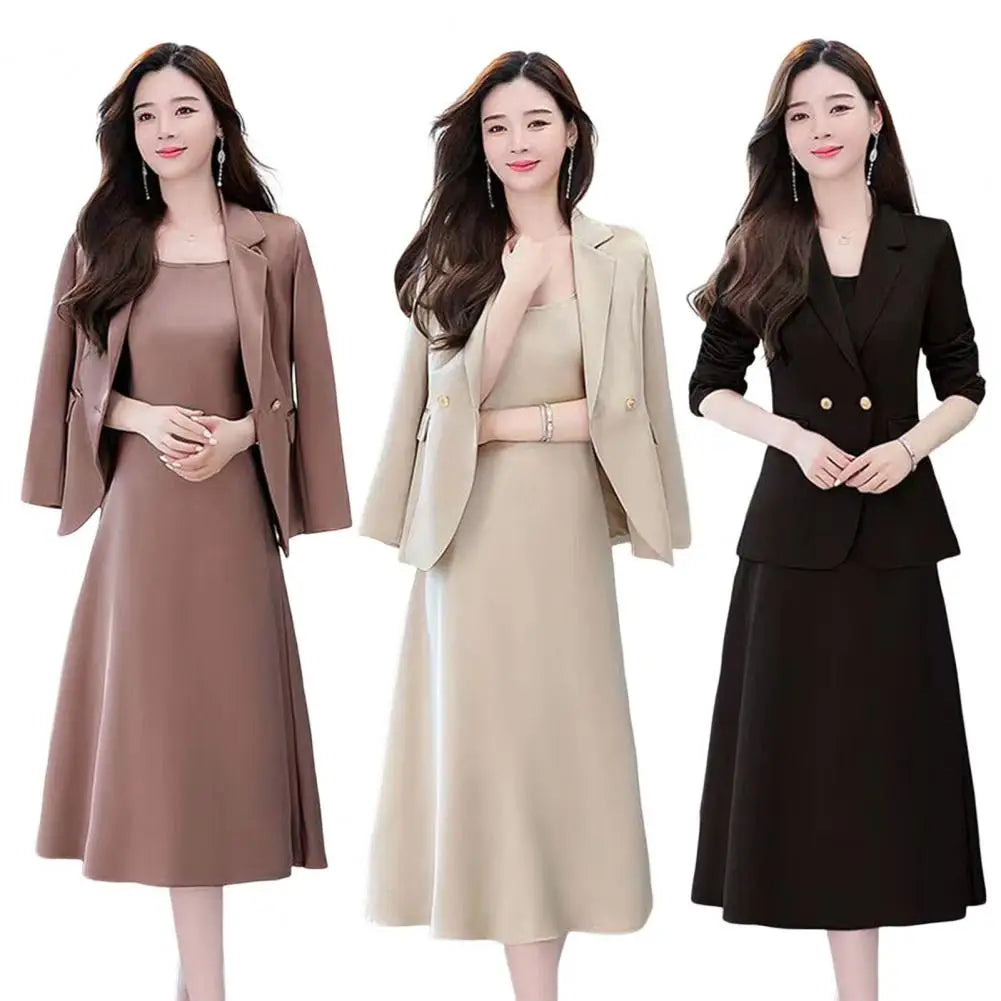 2Pcs Women Outfit Commute Trendy Office Lady Dress Coat Set Elegant Sling Style Coat Long Dress Suit Lady Business Skirt Suit - Seprincess