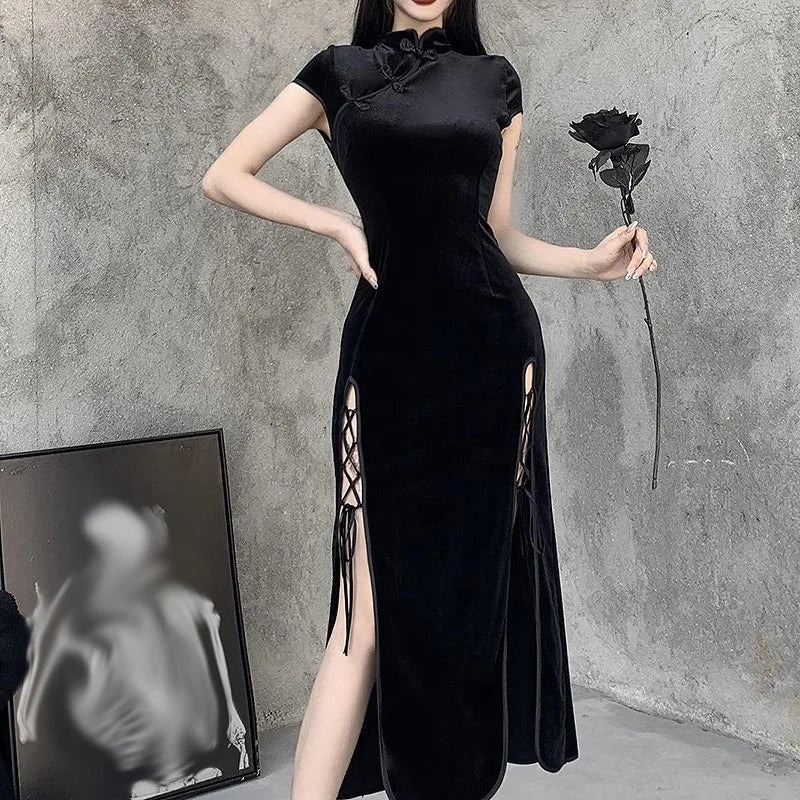 Chinese Retro Black Cheongsam Lady Elegant Evening Dresses Party Gothic Qipao Women High Split Bandage Sexy Oriental Long Dress - Seprincess