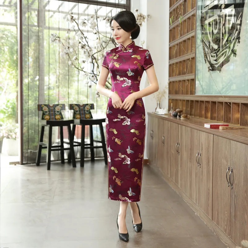 Short Sleeve Long Qipao Purple Brocade Satin Cheongsam Female Sexy Butterfly Flower Qipaos Chinese Style Banquet Gown Vestidos - Seprincess