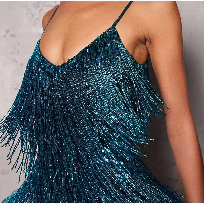 2024 Sexy Women's Fringed Sequin Feather Stitching Dress Summer Slim V-Neck Off Shoulder Dresses Female Backless Slip Mini Robe