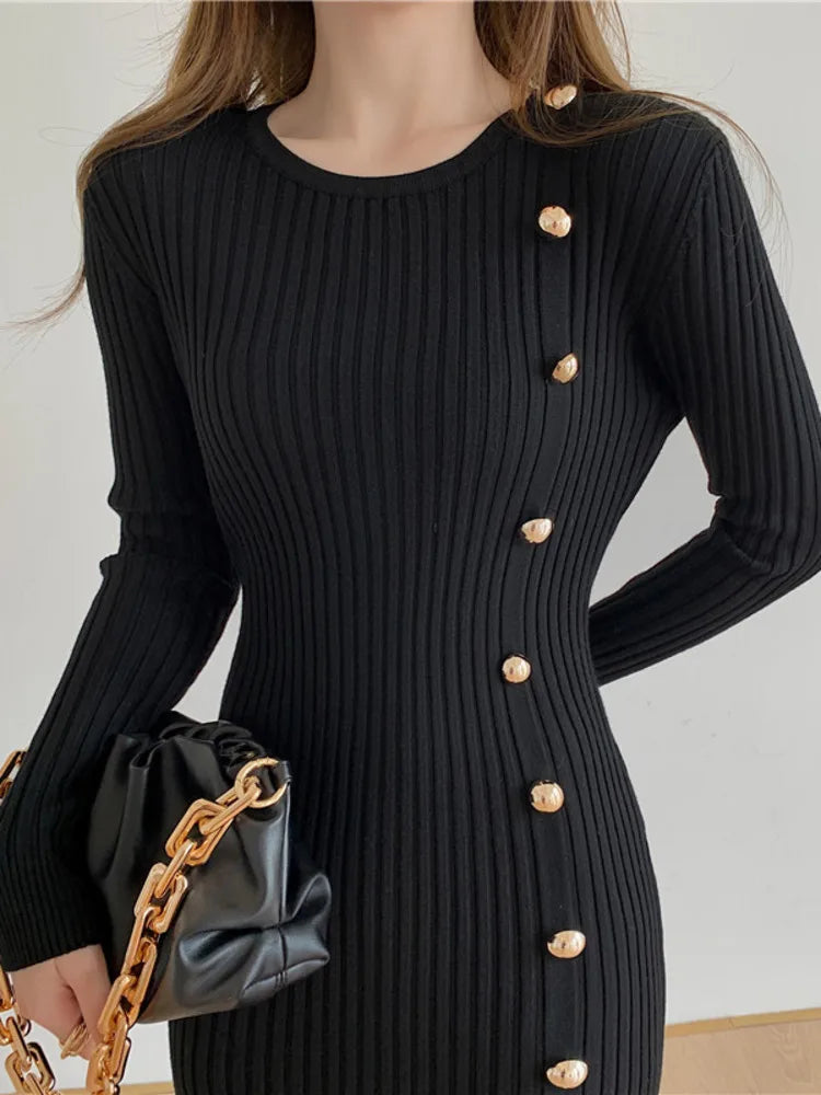 Autumn Warm Korean Fashion Woman Elegant Clothing Knitted Vintage Dresses Sweater Dress Femme Winter Vestido Feminino Thicken - Seprincess