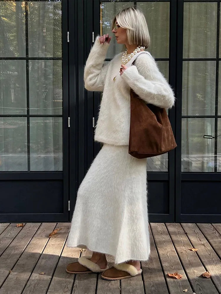 Women Elegant Solid Mohair High Waist Midi Knit Skirt Set Casual O Neck Long Sleeves Pullover Suit 2024 Autumn Lady Chic Outfits - Seprincess