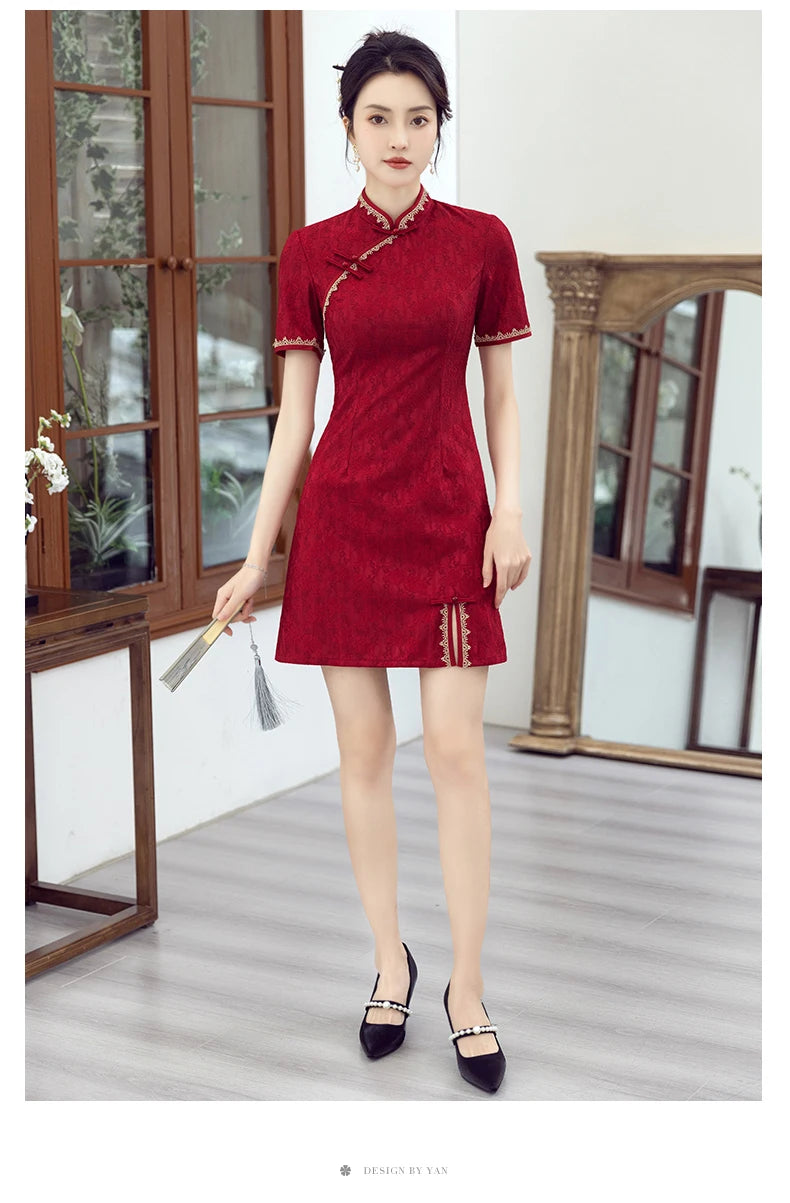 Traditional Chinese Clothing Red Cheongsam Summer New Modern Improved Young Short Qipao Dress New Year CNY - Seprincess